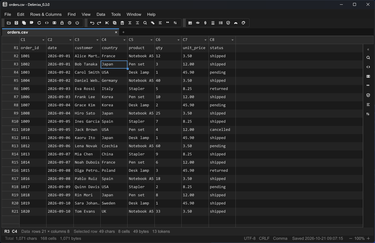 The Delimixx main window with a CSV file of orders open in a grid