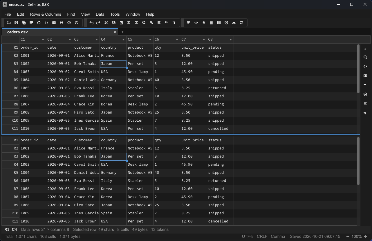 Split view with two panes over the same file